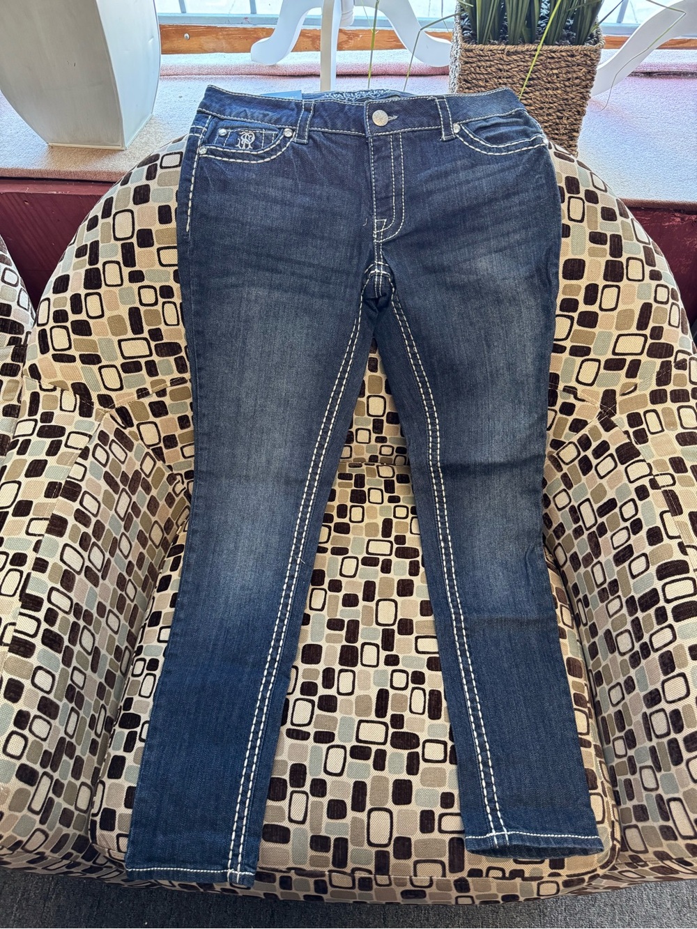 Paisley Sky Dark Blue Skinny Jeans with White Contrast Stitching